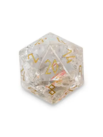 SHATTERED  K9 RAINBOW GLASS BOULDER 30MM GLASS D20 DICE GOLD FONT