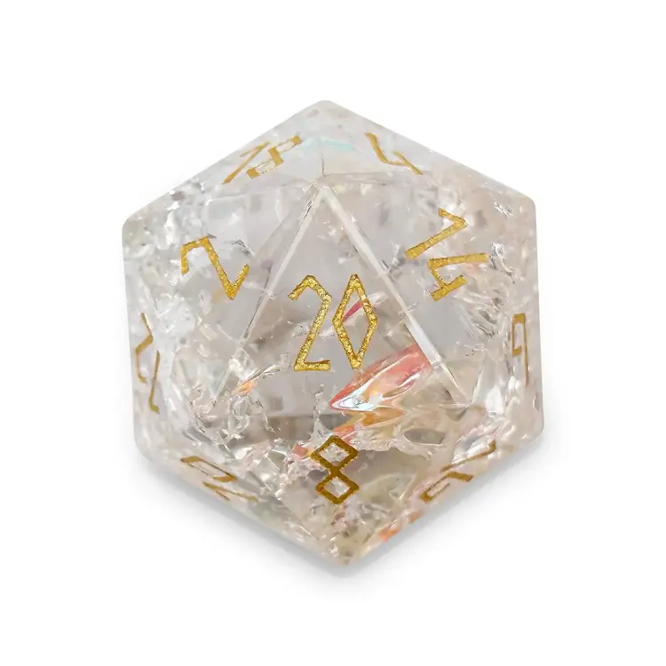 SHATTERED  K9 RAINBOW GLASS BOULDER 30MM GLASS D20 DICE GOLD FONT