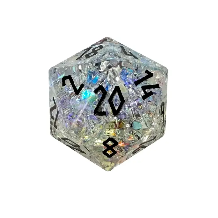 SHATTERED K9 RAINBOW GLASS BOULDER 30MM GLASS D20 DICE BLACK FONT