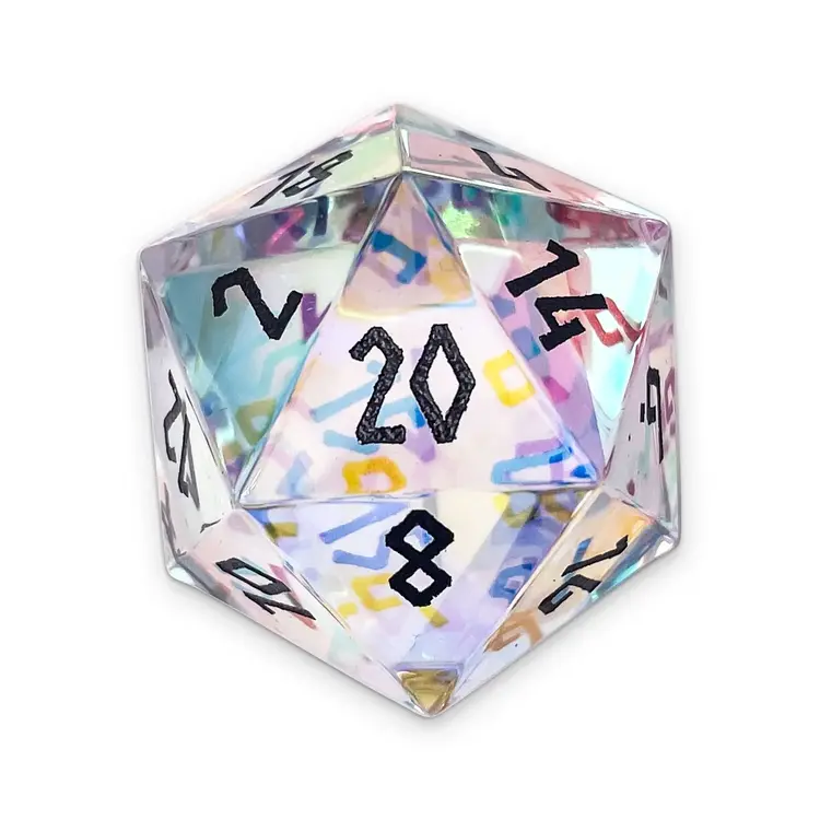 K9 RAINBOW GLASS BOULDER 30MM GLASS D20 DICE BLACK FONT