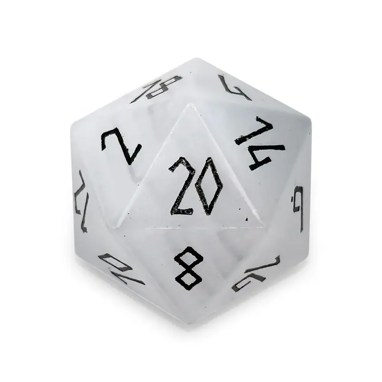 CLEAR CATS EYE BOULDER 30MM GEMSTONE D20 DICE BLACK FONT