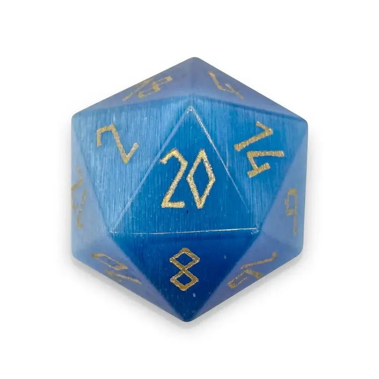 AQUAMARINE CATS EYE BOULDER 30MM GEMSTONE D20 DICE