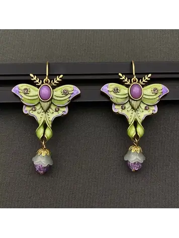 MIO QUEENA VINTAGE GREEN ENAMEL MOTH DANGLE EARRING