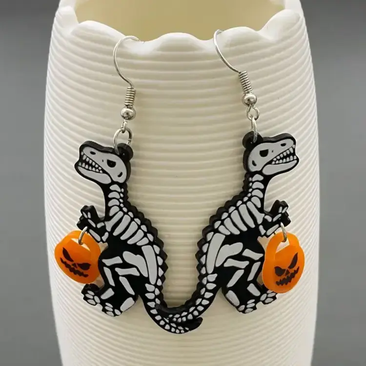 MIO QUEENA HALLOWEEN ACRYLIC SKELETON DINOSAUR DANGLE EARRING