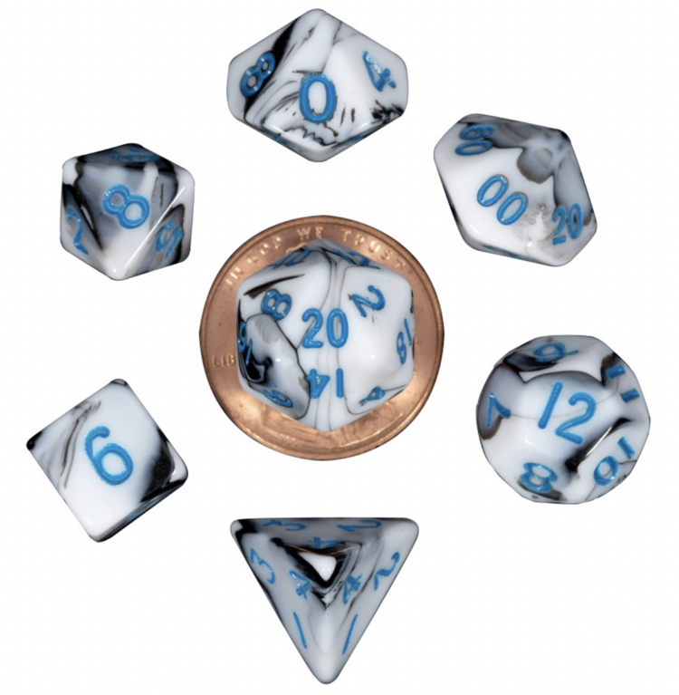 MDG MDG MINI POLYHEDRAL DICE SET:  MARBLE W/ BLUE NUMBERS