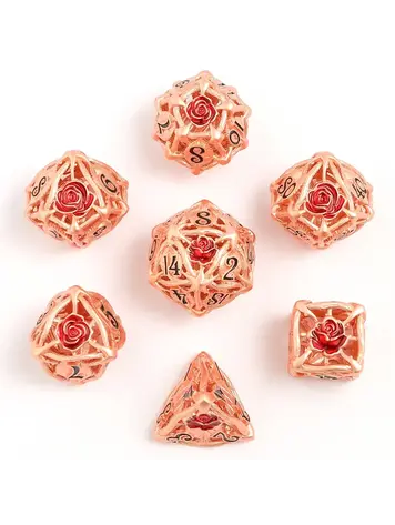HYMGHO HYMGHO HOLLOW ROSE METAL DICE SET ROSE GOLD WITH RED