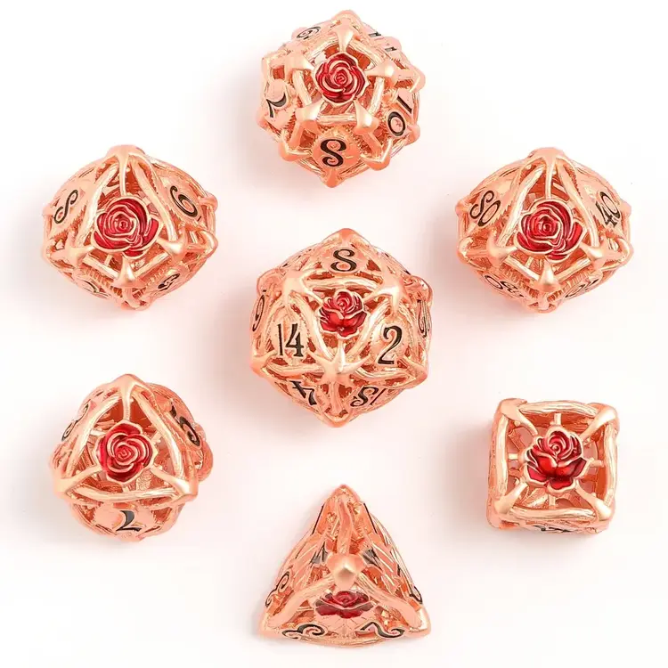 HYMGHO HYMGHO HOLLOW ROSE METAL DICE SET ROSE GOLD WITH RED