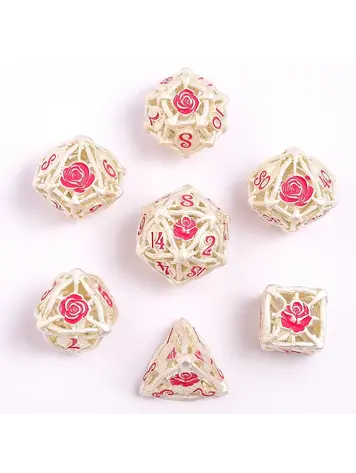 HYMGHO HYMGHO HOLLOW ROSE METAL DICE SET MATTE SILVER WITH PINK
