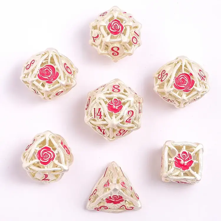 HYMGHO HYMGHO HOLLOW ROSE METAL DICE SET MATTE SILVER WITH PINK