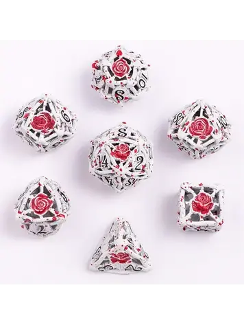 HYMGHO HYMGHO HOLLOW ROSE METAL DICE SET WHITE WITH BLOOD SPLATTER