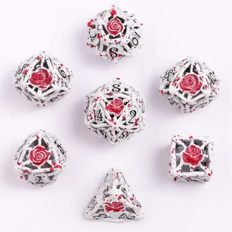 HYMGHO HYMGHO HOLLOW ROSE METAL DICE SET WHITE WITH BLOOD SPLATTER