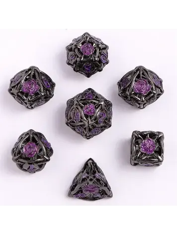 HYMGHO HYMGHO HOLLOW ROSE METAL DICE SET GUNMETAL WITH PURPLE