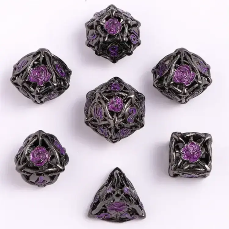 HYMGHO HYMGHO HOLLOW ROSE METAL DICE SET GUNMETAL WITH PURPLE