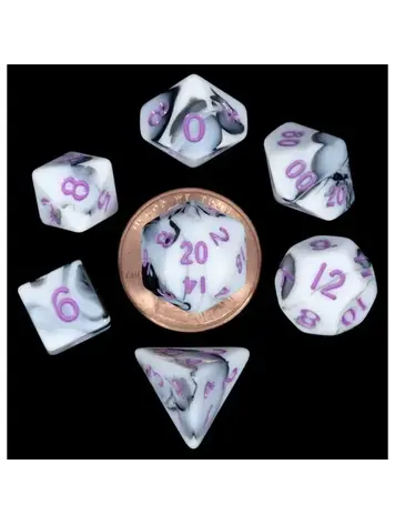 MDG MDG MINI POLYHEDRAL DICE SET:  MARBLE W/ PURPLE NUMBERS