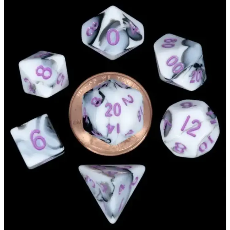 MDG MDG MINI POLYHEDRAL DICE SET:  MARBLE W/ PURPLE NUMBERS