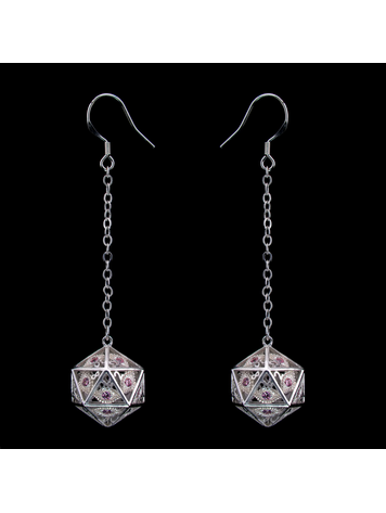 DRAGON'S EYE D20 DICE EARRINGS - SILVER WITH PINK GEMS