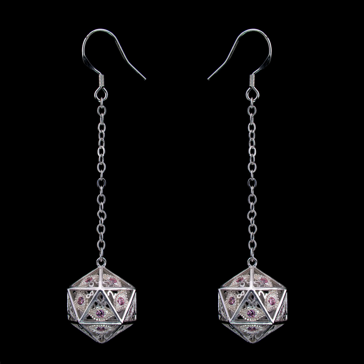 DRAGON'S EYE D20 DICE EARRINGS - SILVER WITH PINK GEMS
