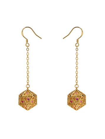 DRAGON'S EYE D20 DICE EARRINGS - GOLD WITH RUBY GEMS