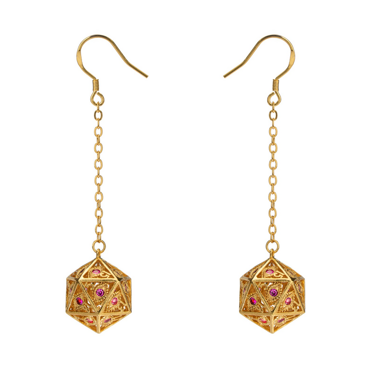 DRAGON'S EYE D20 DICE EARRINGS - GOLD WITH RUBY GEMS