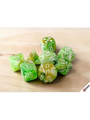 CHESSEX CHX 30077 LAB DICE 7 PC POLY DICE SET MARBLE SOUR GREEN/WHITE