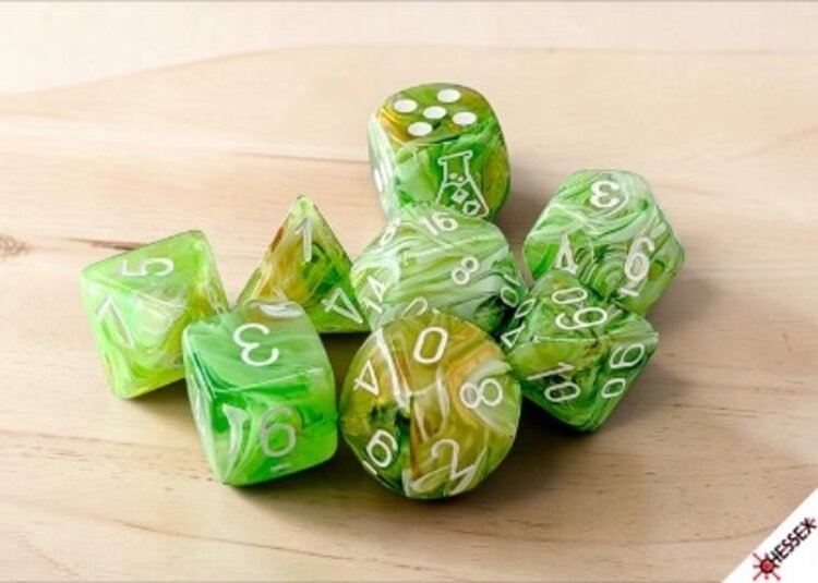 CHESSEX CHX 30077 LAB DICE 7 PC POLY DICE SET MARBLE SOUR GREEN/WHITE