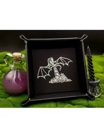 DRAGON WITH DICE AND FIRE DICE TRAY BLACK WITH GOLD