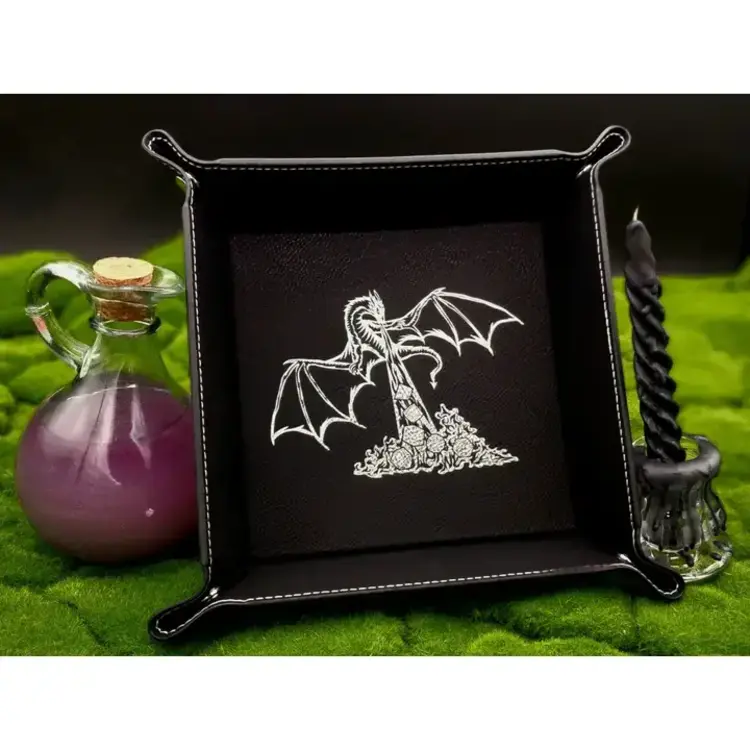 DRAGON WITH DICE AND FIRE DICE TRAY BLACK WITH GOLD