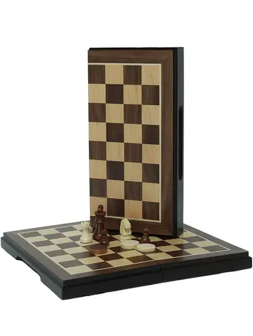 MAGNETIC FOLDING WALNUT WOOD CHESS & CHECKERS SET - 8 INCHES