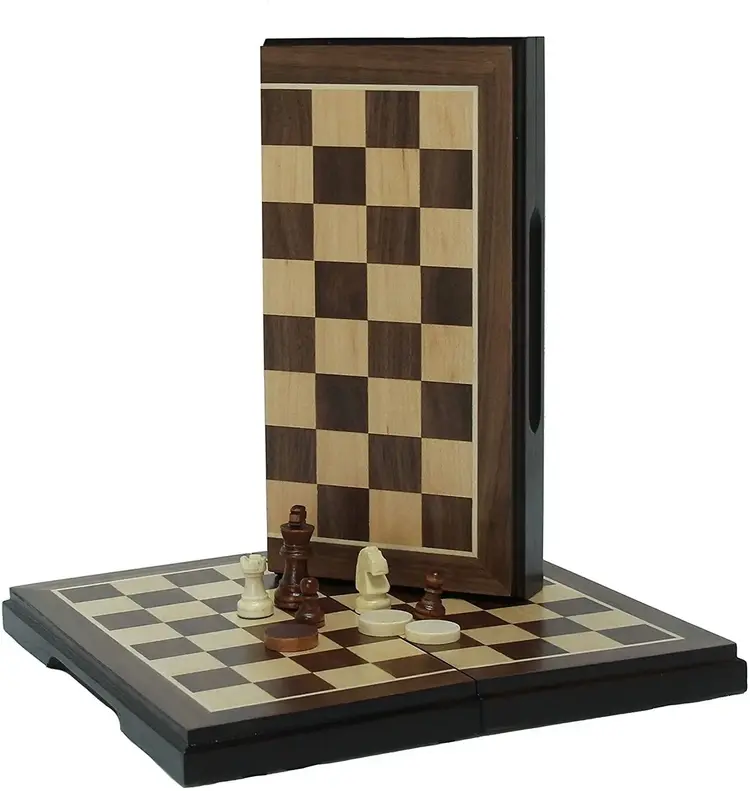 MAGNETIC FOLDING WALNUT WOOD CHESS & CHECKERS SET - 8 INCHES