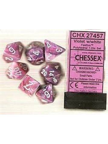 CHESSEX CHX 27457 7 PC POLYHEDRAL FESTIVE VIOLET W/WHITE