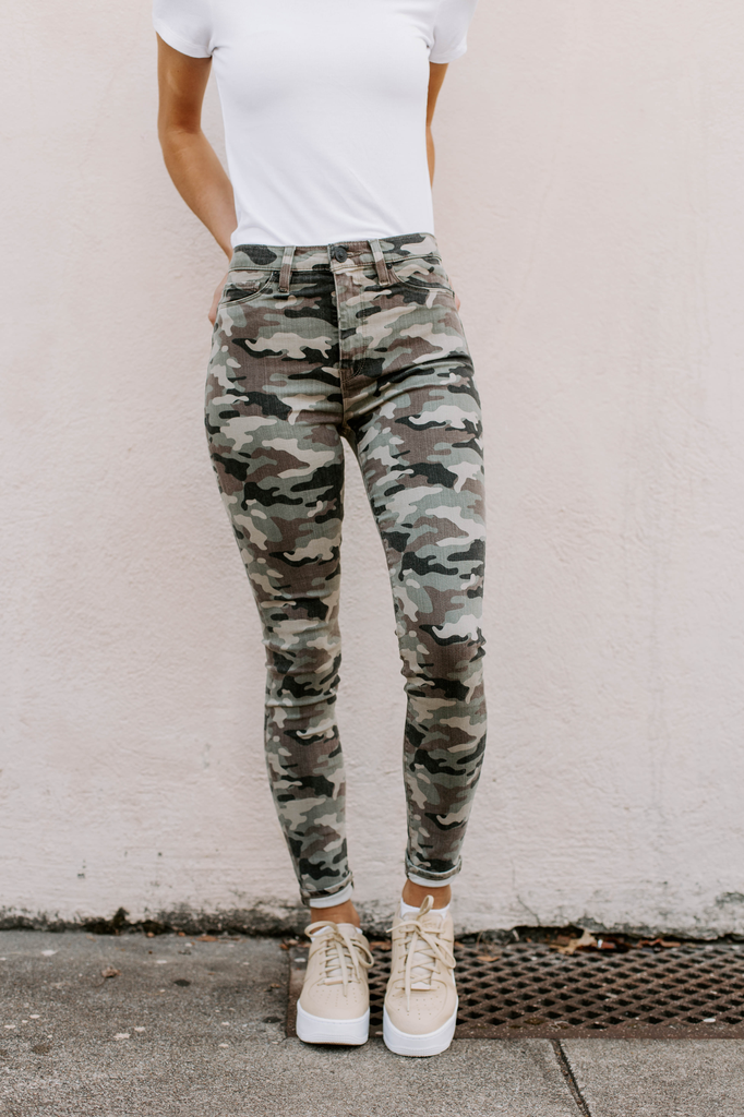 high rise camo jeans