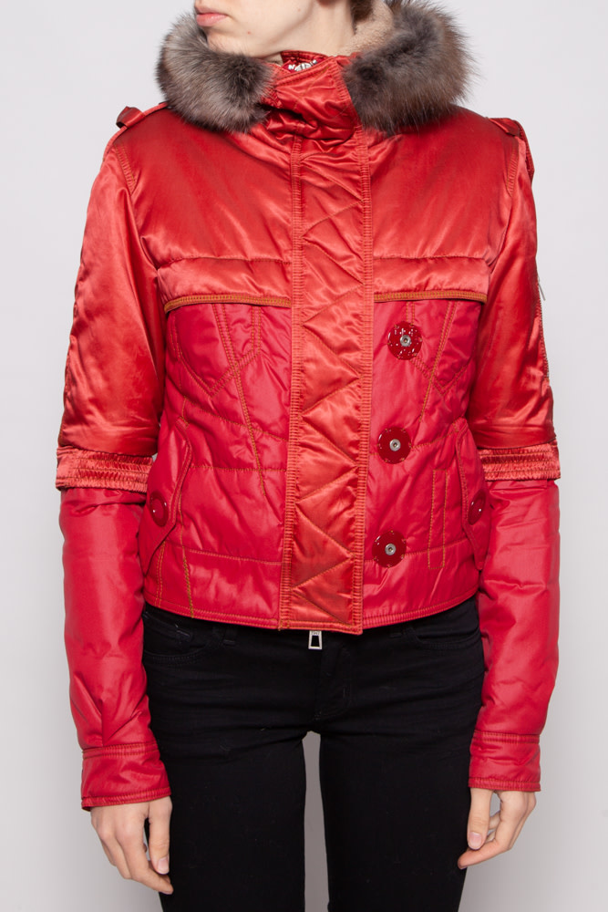 red puffer with fur hood