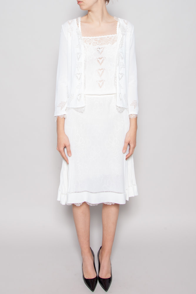 white dress and cardigan
