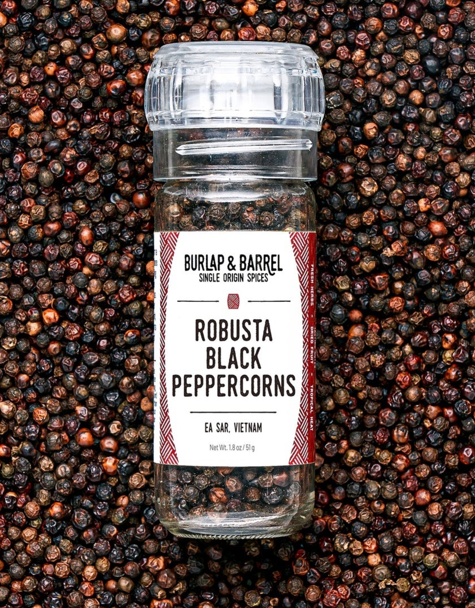 Burlap & Barrel Robusta Black Peppercorns 1.8 oz grinder top jar