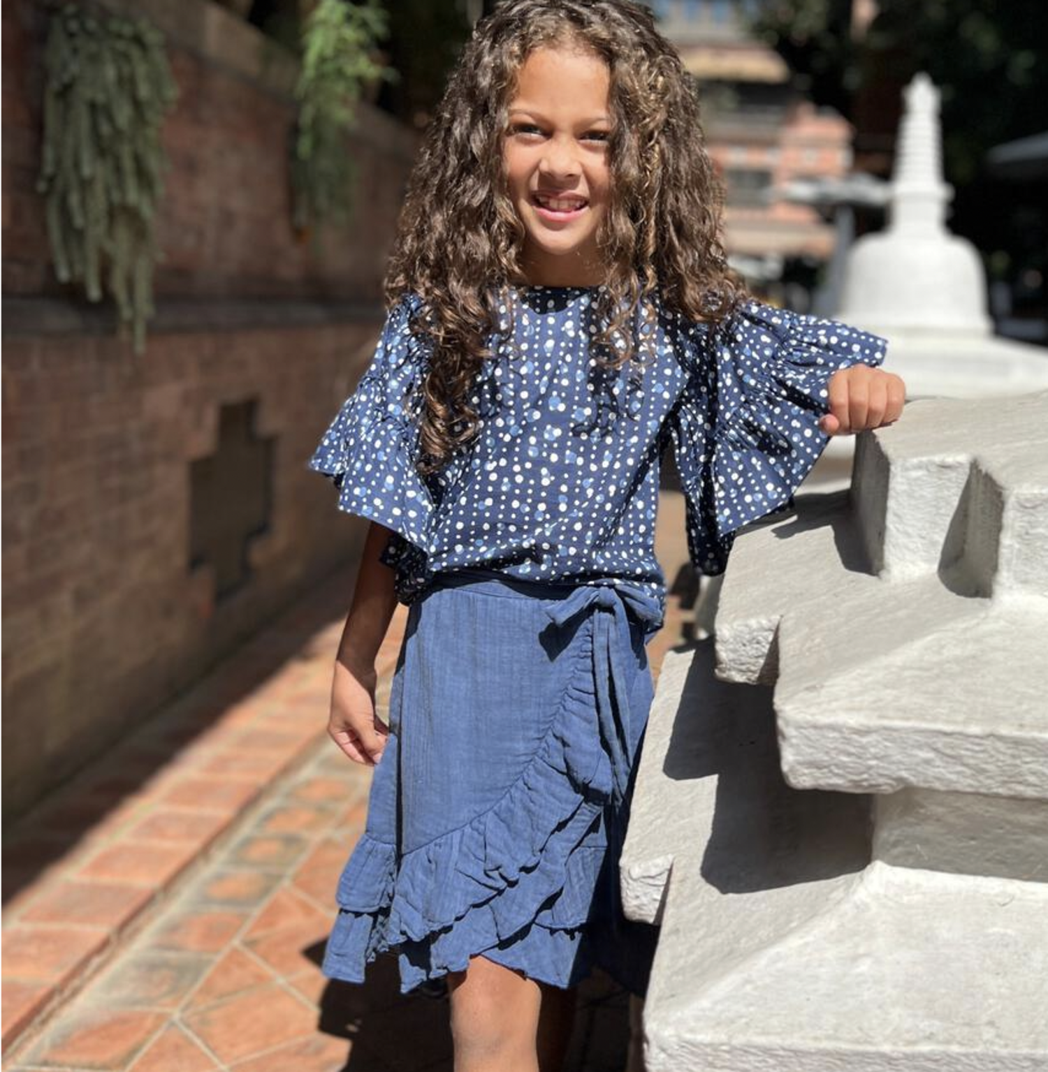 Poppet & Fox Kids Ruffle Sleeve Dot Blouse - INDIGO - Yellow Turtle