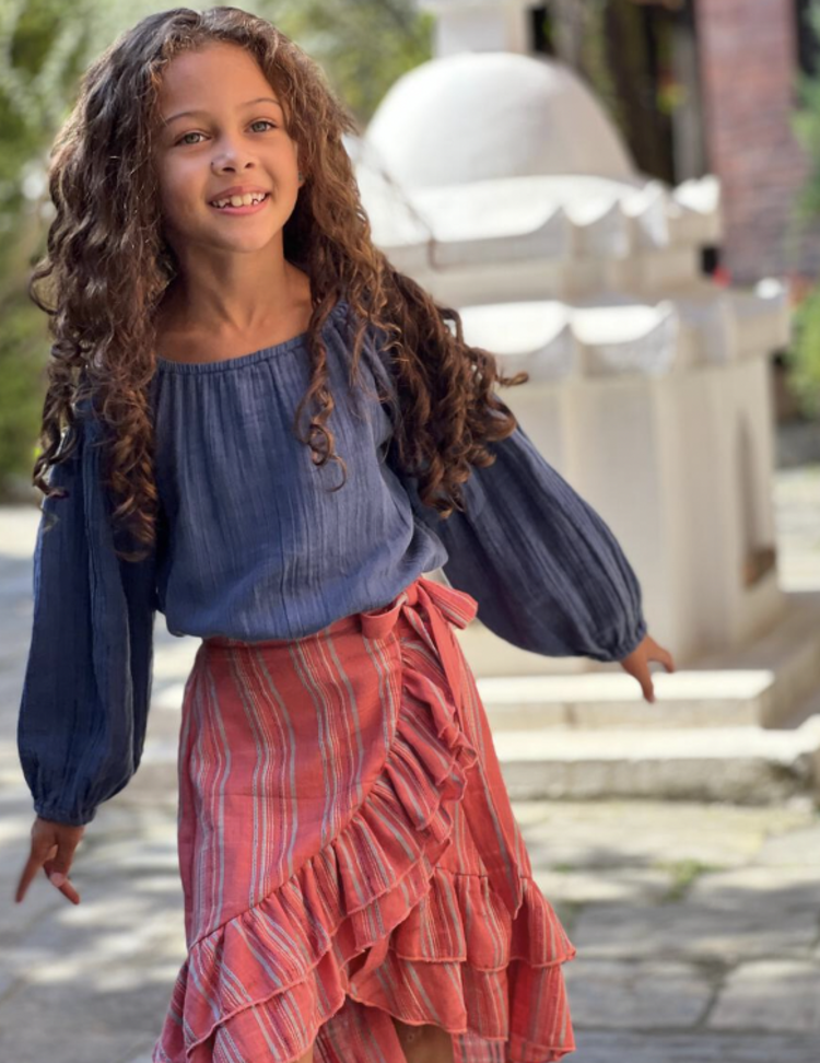 Poppet & Fox Kids Frilled Faux Wrap Stripe Skirt - SALMON STRIPE