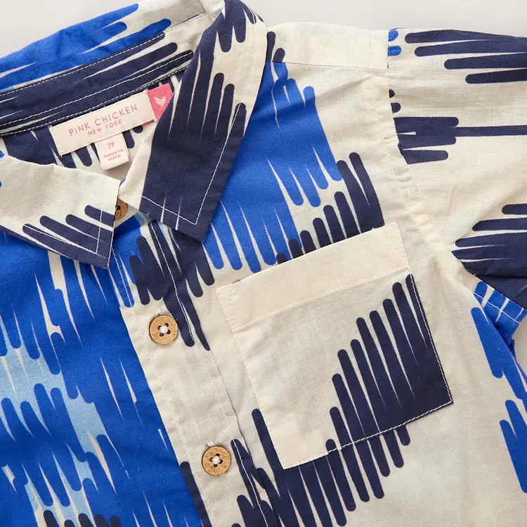 Blue Rooster (Pink Chicken) Pink Chicken Boys Jack Shirt - Blue Ikat