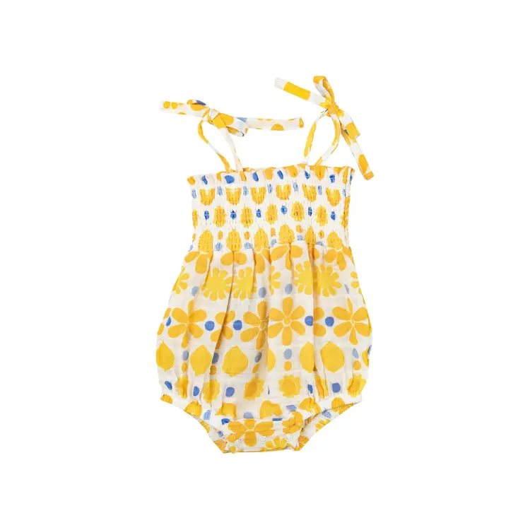 Angel Dear Angel Dear Baby Tie Smocked Bubble - Sunny Lemon Geo