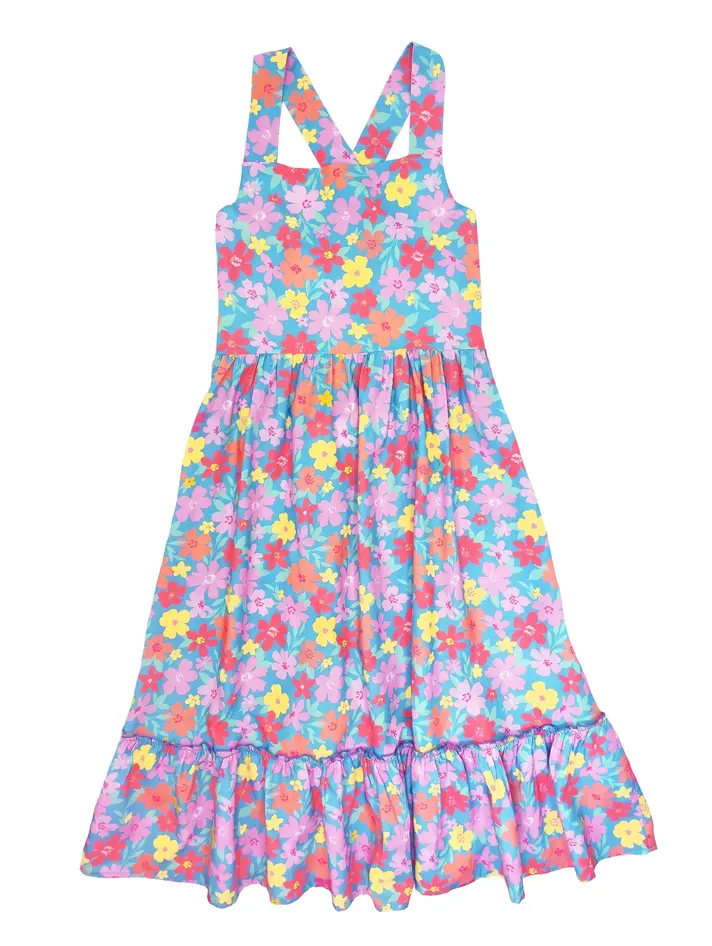 F4A Kids Coast Line Maxi Dress - BLUE GROTTO - Yellow Turtle