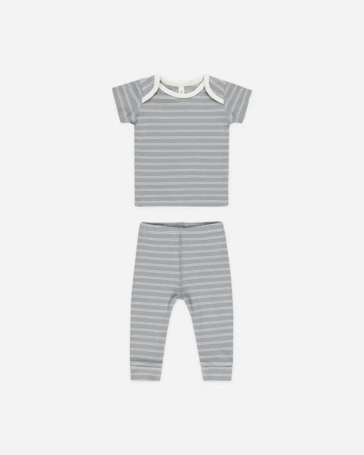 Quincy Mae Quincy Mae Ribbed Short Sleeve Tee + Legging Set || Blue Pinstripe