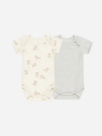 Quincy Mae Quincy Mae Short Sleeve Bodysuit, 2 Pack || Puppies, Sky Micro Stripe