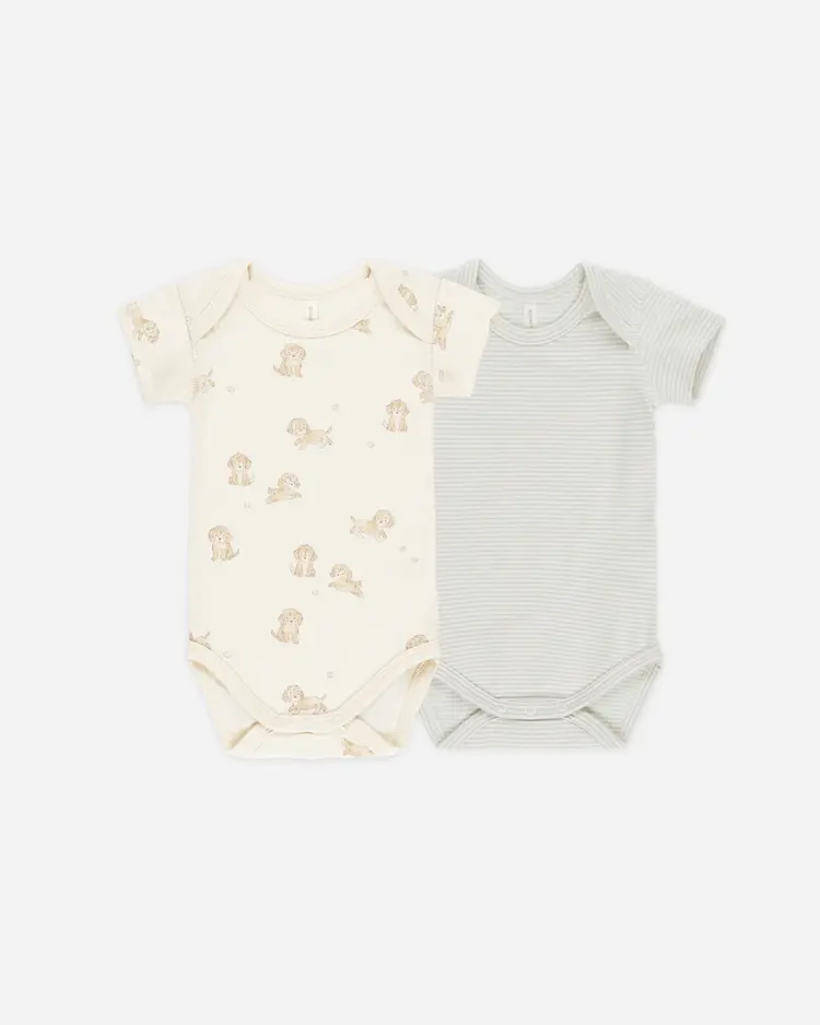 Quincy Mae Quincy Mae Short Sleeve Bodysuit, 2 Pack || Puppies, Sky Micro Stripe