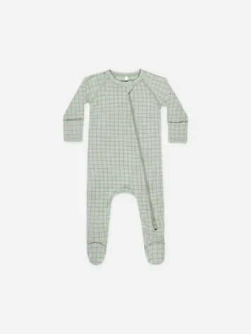Rylee + Cru Quincy Mae Bamboo Zip Footie || Sage Grid