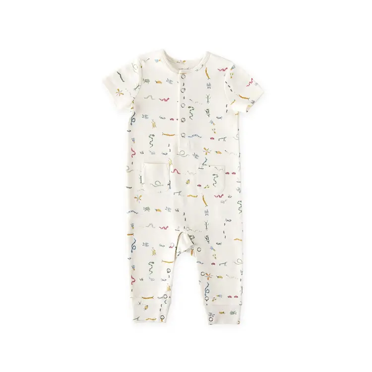Pehr Designs Short Sleeve Henley Romper- Crawling Critters
