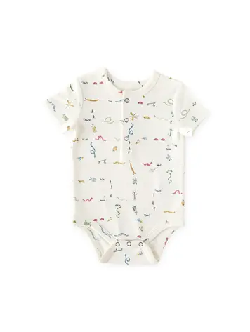 Pehr Designs Short Sleeve Henley One-Piece- Crawling Critters