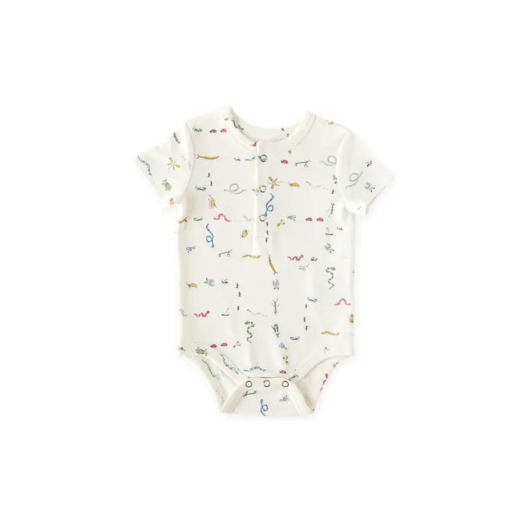 Pehr Designs Short Sleeve Henley One-Piece- Crawling Critters