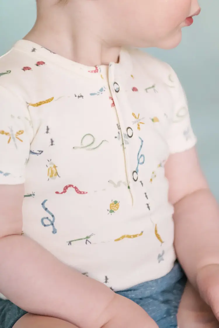 Pehr Designs Short Sleeve Henley One-Piece- Crawling Critters