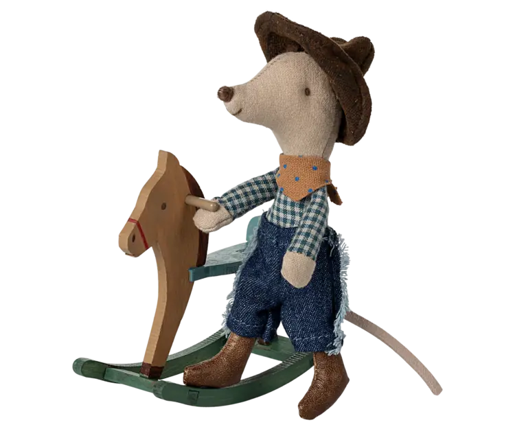 Maileg Cowboy mouse on rocking horse, Little brother