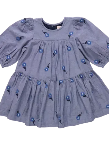 Pink Chicken Girls Fiona Dress - Blue Blossom Embroidery