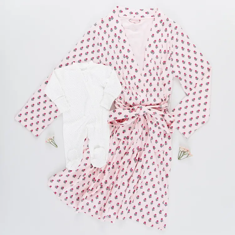 Pink Chicken Womens Organic Robe- Light Pink Tiny Flower Block Print
